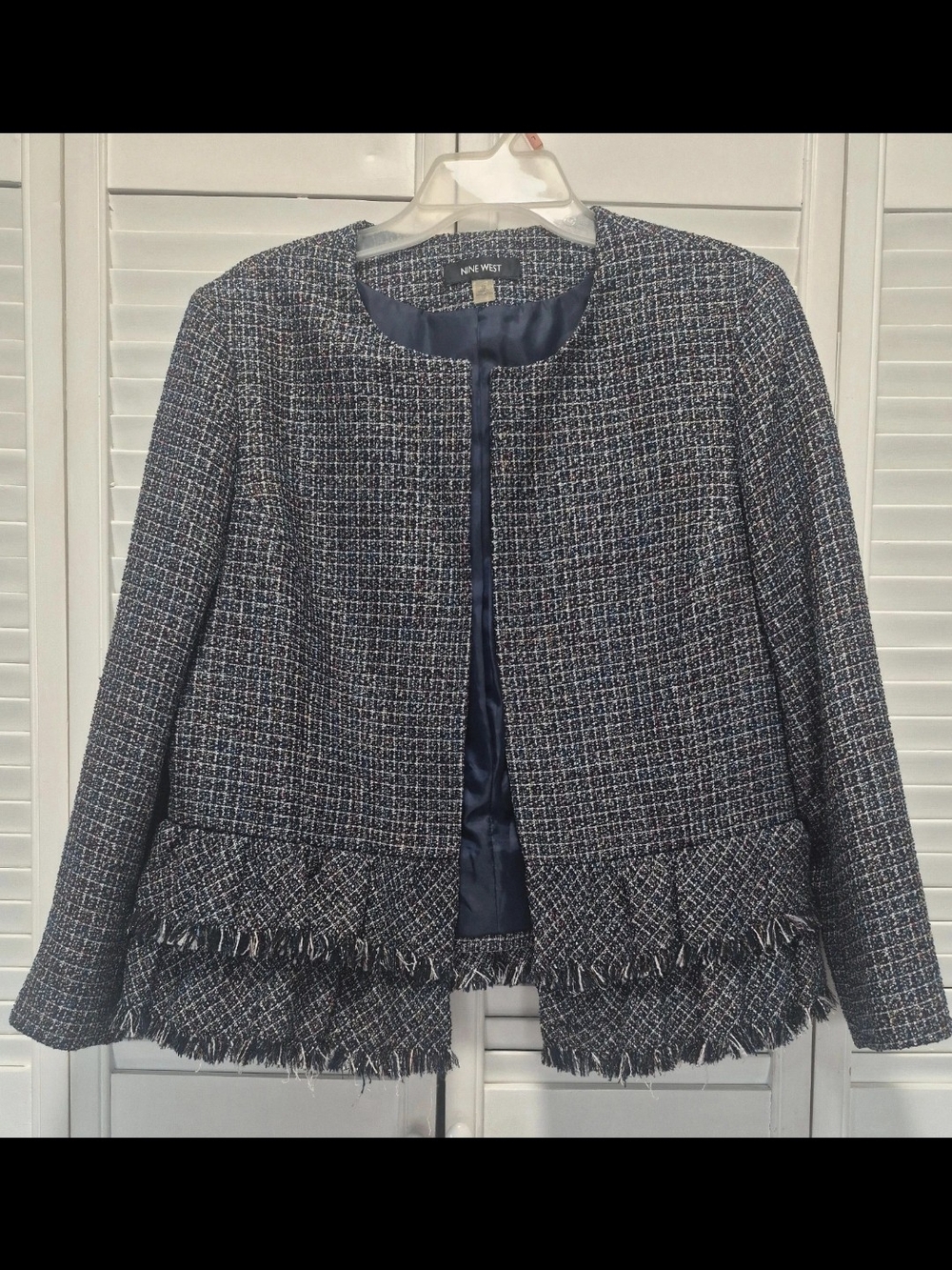 Nine West Navy and White Tweed Fringe Jacket